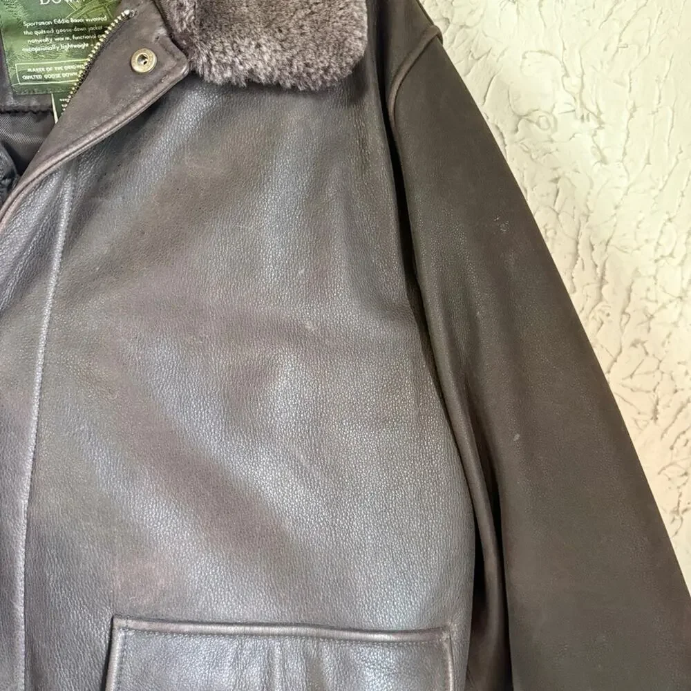 Vintage Eddie Bauer Lambskin Leather Goose Down Bomber Jacket with Plush Collar - Picture 9 of 16